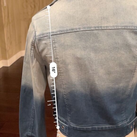 FATE by LFD Denim Jacket Blue Medium Wash Long Zipper Pocket Ombre Jean Jacket S - Picture 14 of 15